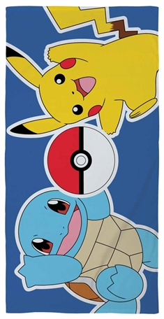 Pokemon badehåndklæde - Pikachu og Squirtle med pokeball håndklæde  - 70x140 cm - Børnehåndklæde 100% Bomuld