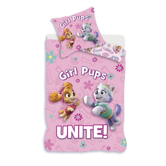 Paw Patrol Juniorsengetøj 100x140 cm - Girl pups pink - Vendbart design - 100% bomuld  