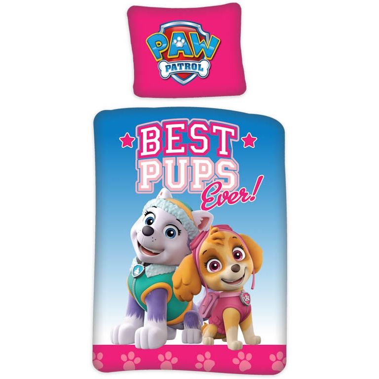 Lyserødt junior sengetøj 100x140 cm - Paw Patrol sengesæt - Everest og Skye - 2 i 1 design - 100% bomuld billede