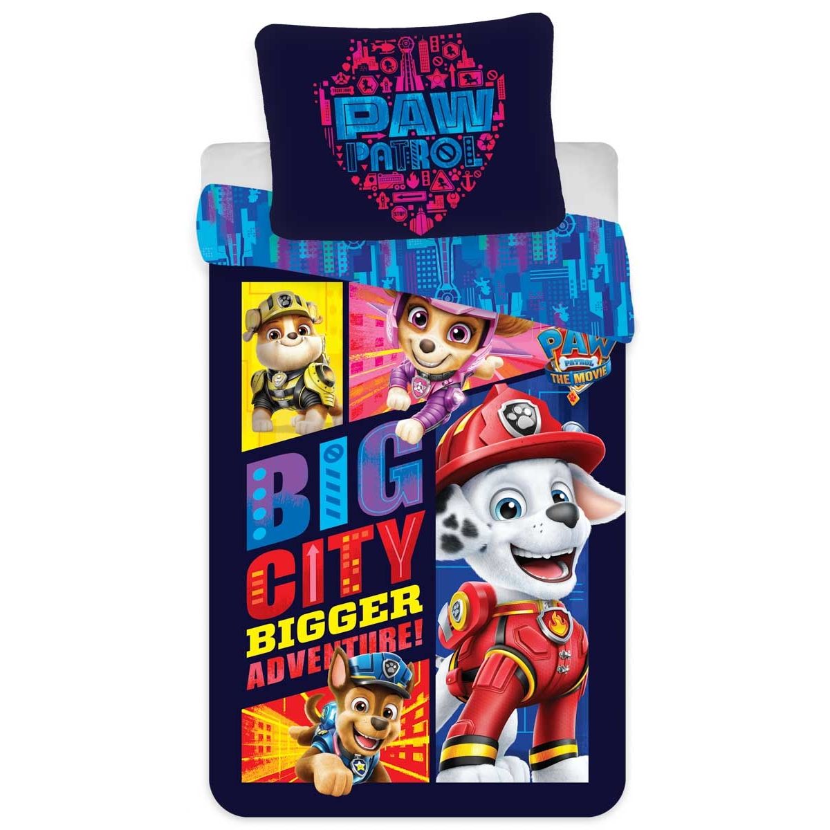 Sengetøj 150x210 cm - Paw Patrol The Movie - 2 i 1 sengesæt - Dynebetræk i 100% bomuld billede