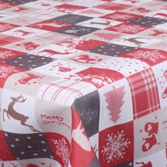 Tekstil voksdug - Rulle med 30 meter - Ternet med forskellige julemotiver - 140 cm bred 