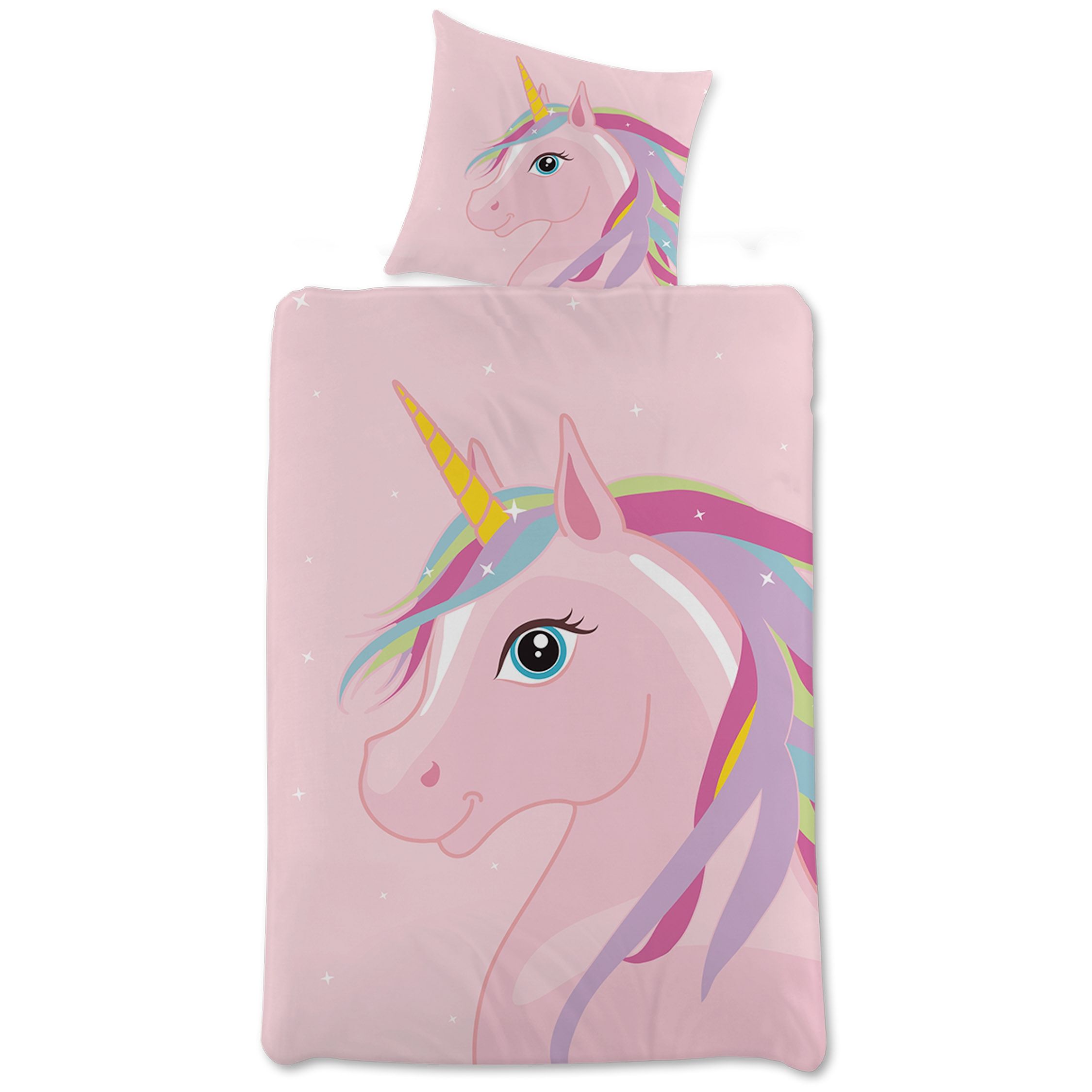 Børnesengetøj - Lyserødt vendbart sengesæt med enhjørning - 100% blødt bomulds sengelinned