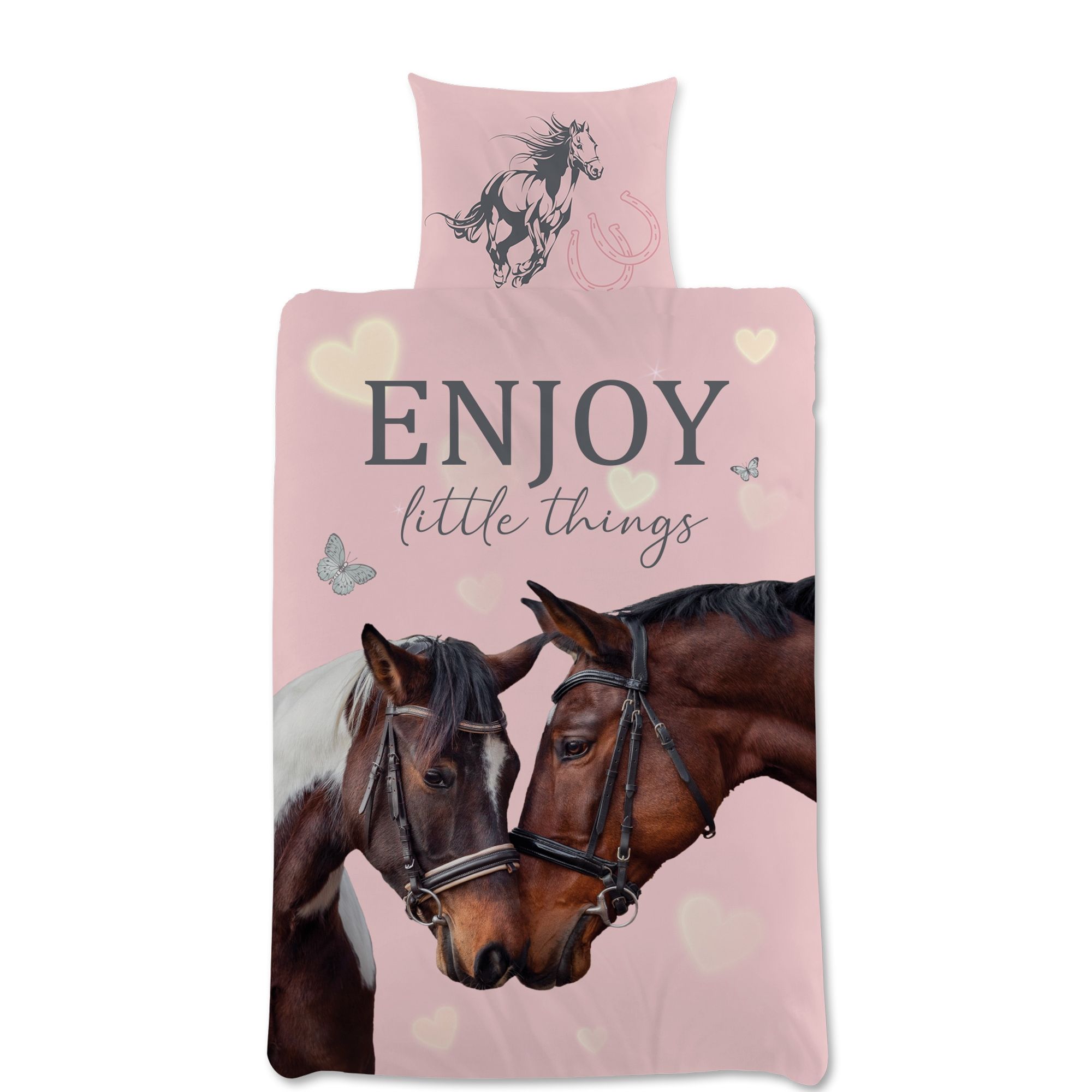 Heste sengetøj 140x200 cm - Motiv af to heste - Vendbar sengesæt - 100% bomuld billede