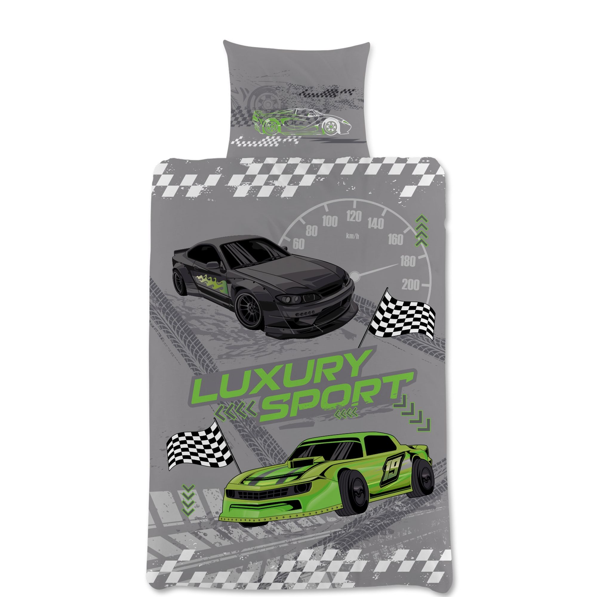 Børnesengetøj med racerbiler 140x200 cm - Vendbart sengesæt - 100% bomulds sengelinned billede