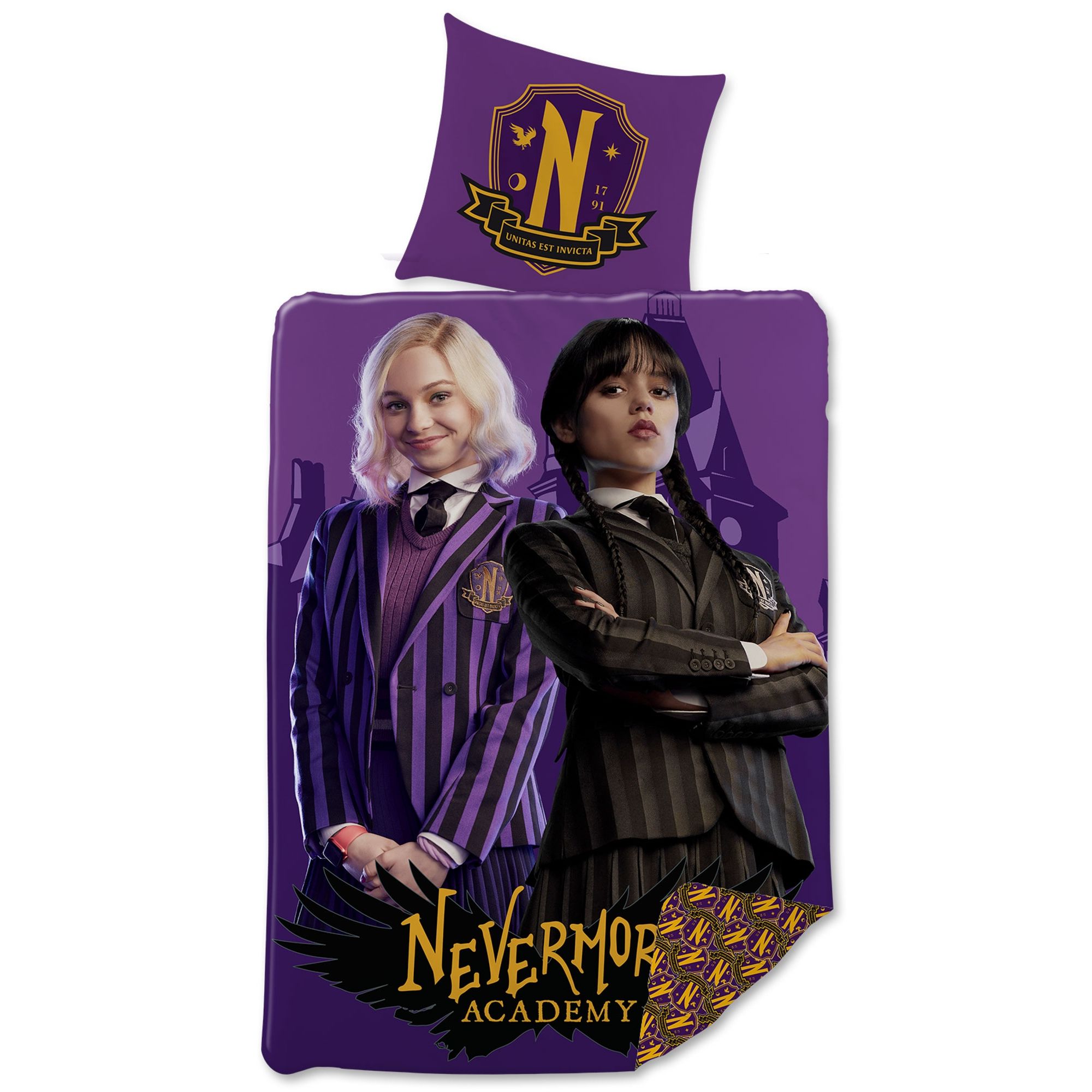 Wednesday sengetøj - 140x200 cm - Nevermore academy - 2 i 1 sengesæt - 100% bomuld billede