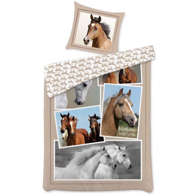 Heste sengetøj 140x200 cm - Heste sengetøj med små billeder - 2 i 1 design - Dynebetræk i 100% bomuld billede