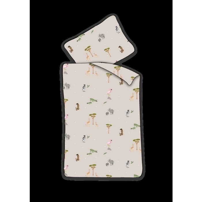 Junior sengetøj 100x140 cm - Beige sengesæt med safaridyr - 100% blødt bomulds sengelinned