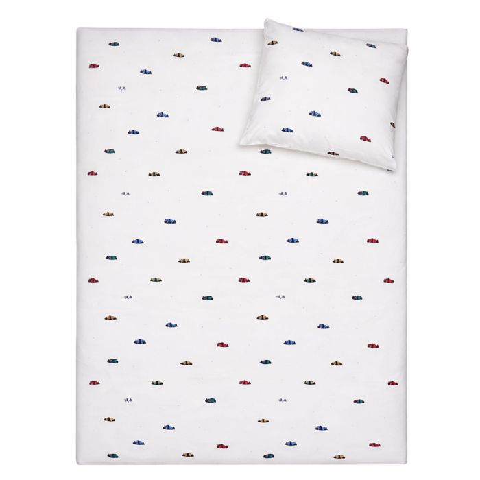Racerbil sengetøj - 100% bomuld - Junior sengetøj 100x140 cm - Hvidt med racerbiler