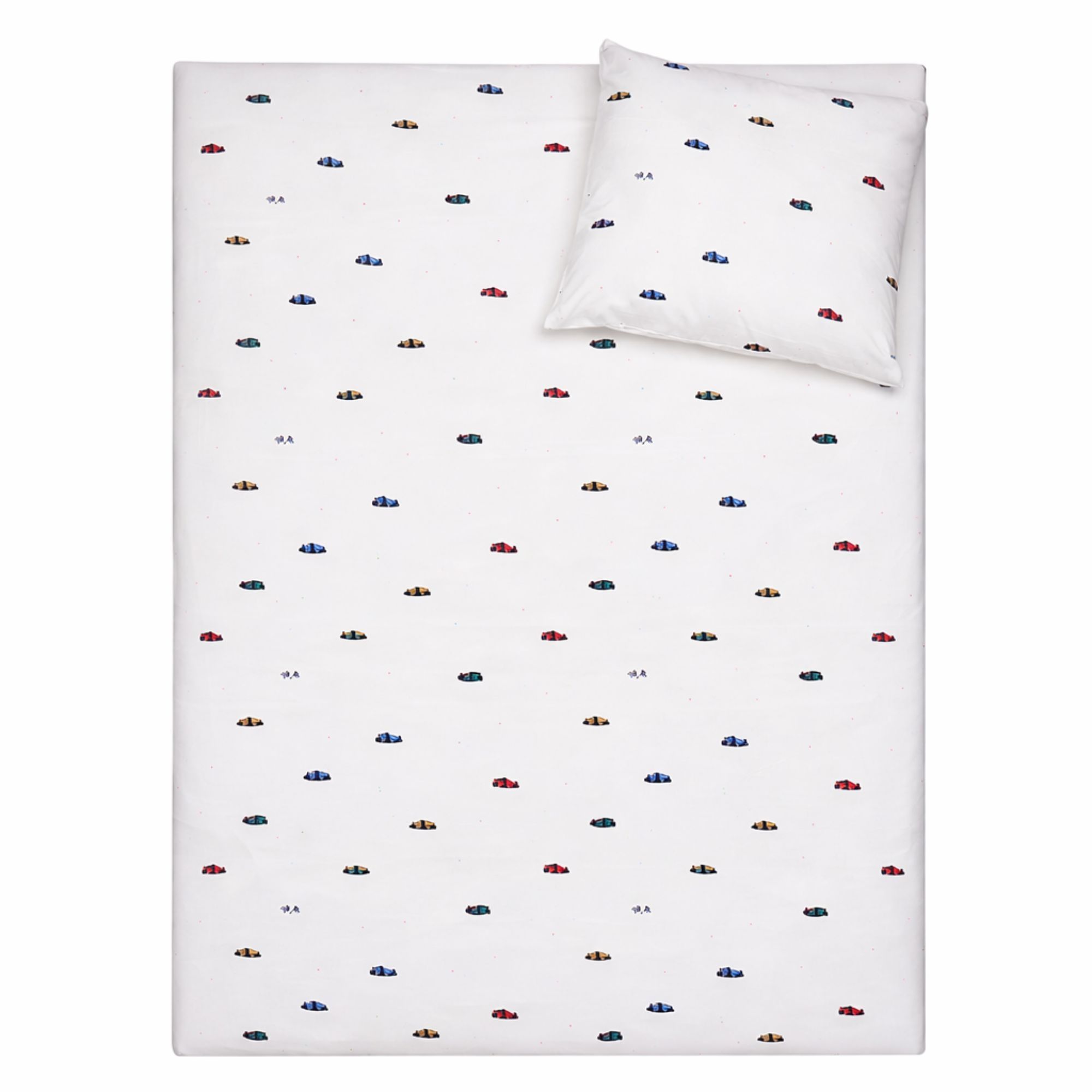 Racerbil sengetøj - 100% bomuld - Babysengetøj 70x100 cm - Hvidt med racerbiler