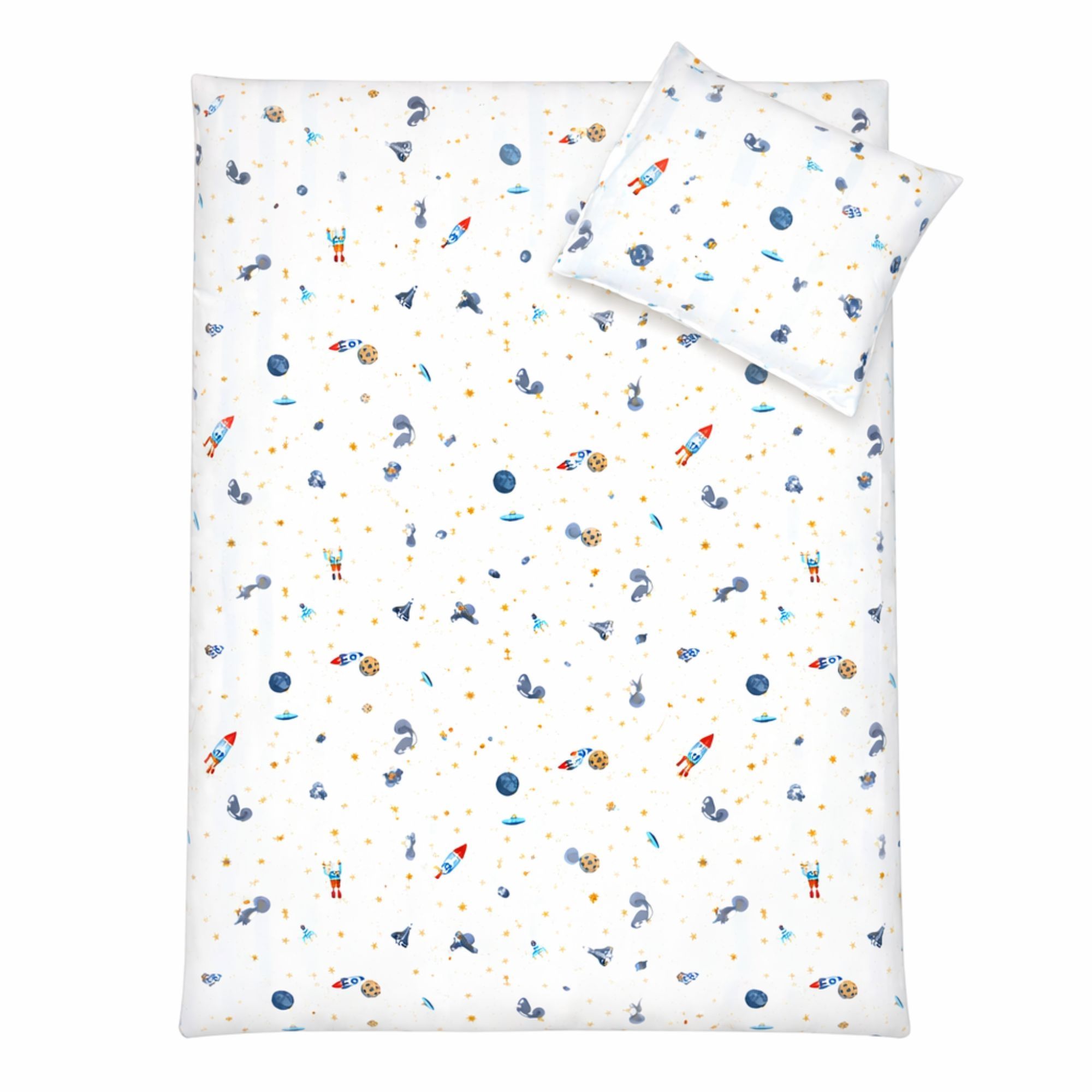 Baby sengetøj 70x100 cm - Hvidt stribet sengesæt med dinosaurer og rumraketter - 100% blødt bomulds sengelinned