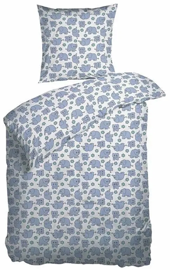 Billede af Blåt junior sengetøj 100x140 cm - Sengesæt lyseblå med elefanter - 100% bomulds percale - Night & Day hos Shopdyner.dk