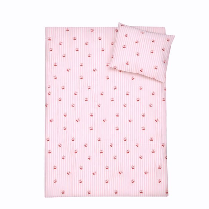 Kirsebær sengetøj - 100% bomuld - Junior sengetøj 100x140 cm - Stribet lyserød med kirsebær og sløjfer